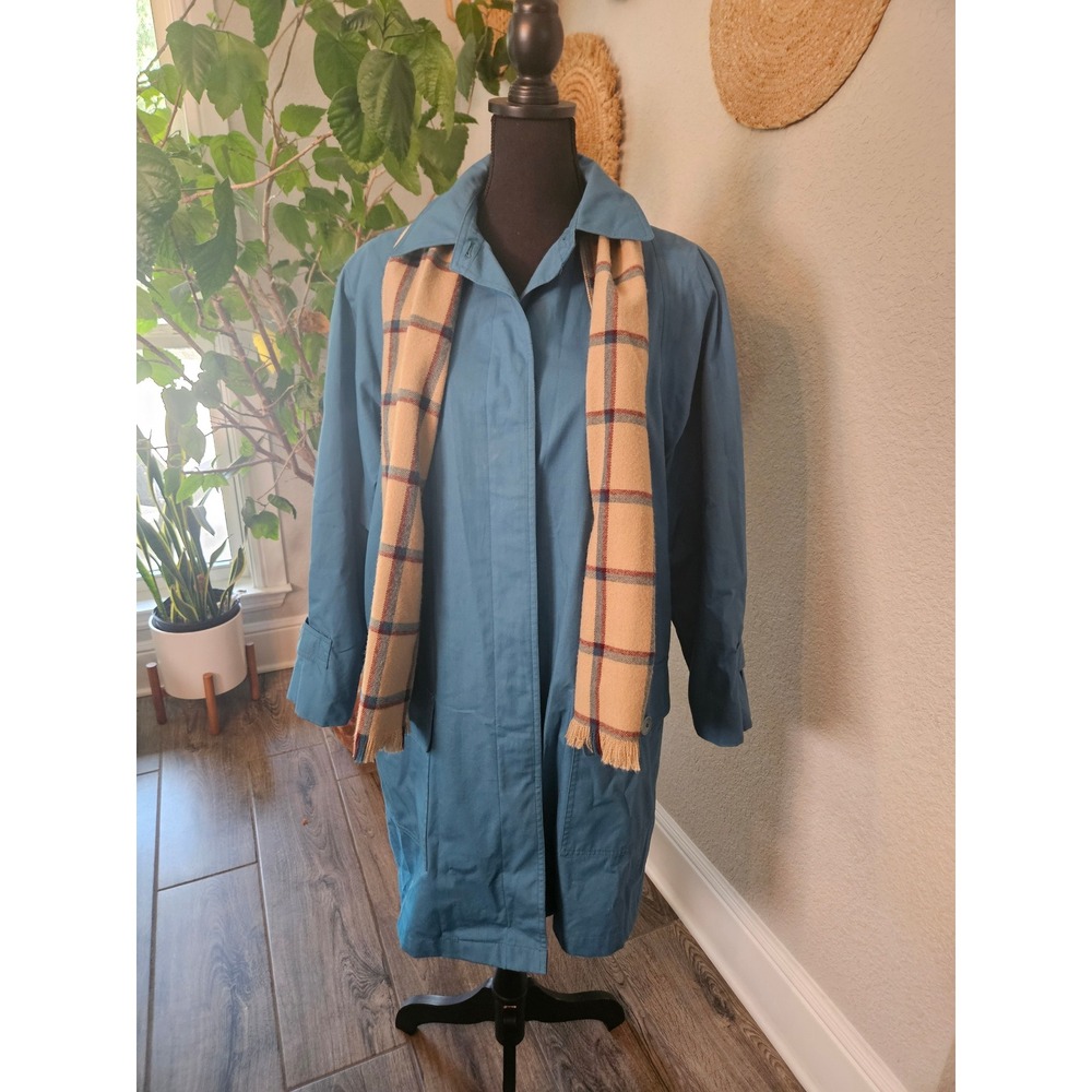 London Fog Limited Edition Teal Blue Trench Coat Plaid Liner Scarf Womens 12 Reg